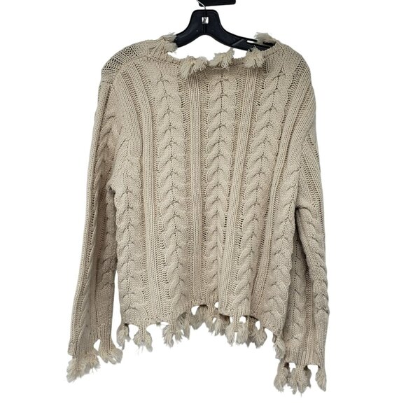 Le Lis Cream Cable Knit Cropped Sweater Fringe Distressed Frayed Tan Neutral - Picture 4 of 9